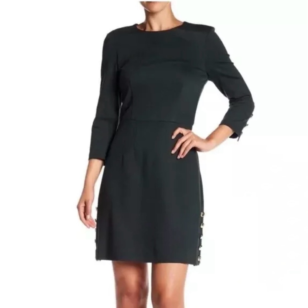 Trina Turk Black Ponte Knit Fit and Flare Dress with gold button details. Size 6